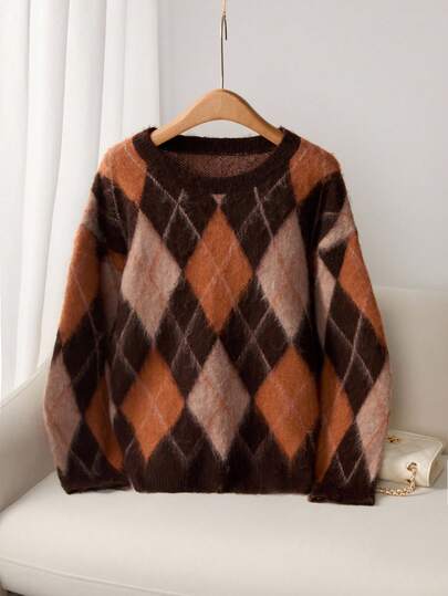 Franclia Jacquard Retro Diamond Pattern Contrast Color Loose Knit Plus Size Pullover Sweater For Women Fall Sweater Women Brown Sweater Brown Sweater Women Argyle Sweater Brown Argyle Sweater