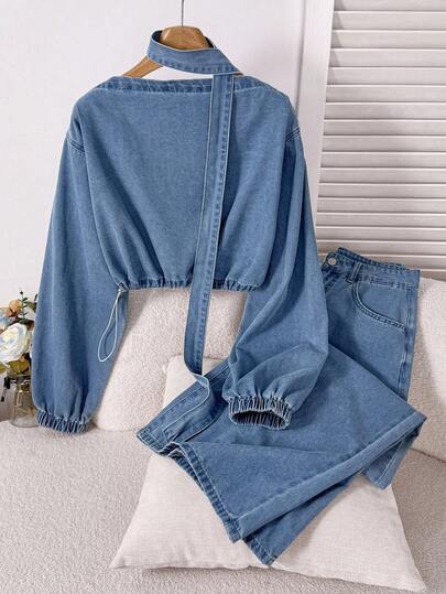 Comfortcana 休闲不对称领长袖上衣和裤子女牛仔两件套 女式休闲牛仔两件套 挂脖长袖短款上衣和阔腿拼接牛仔裤套装 时尚街头服饰 时尚女士牛仔短款上衣和阔腿裤两件套 宽松长袖挂脖装 女式秋季服装 女式秋季服装 女式外出套装 女式外出套装 长袖外出套装 时尚女士套装 女式连帽衫套装