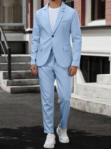 Manfinity Mode Blazer e calças masculinos de cor sólida, gola alta, manga comprida, conjunto casual, terno masculino, terno masculino, terno formal masculino, ternos para homens - Baby Azul - Ver 5