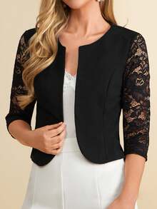 Amorya Women's Sleeve Lace Patchwork Open Front Blazer Jacket In Fall/Winter Spring Casual Wearable Blouse Short Sleeve Shirt Summer Outfits For Women Teacher Outfits For Women White Shirts Country Outfits Women Summer Clothes Women Work Outfits For Women Classy Top Business Casual Tops Woman Office Tops Women Chic Top Summer Work Top Sleeveless Top Women Office Tops Structured Top - Black - View 3
