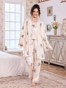 Elorette 3件套女士秋冬丝绒蕾丝浪漫玫瑰花卉吊带背心上衣+长裤+睡袍睡衣套装 - 彩色 - 查看 6