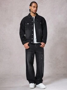 DAZY Men's Black Washed Distressed Jacket Set, Autumn
