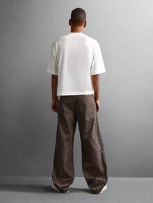 SUMWON 棉质豹纹阔腿宽松牛仔裤高腰牛仔裤舒适街头风节日裤秋冬时尚休闲裤 - 棕色 - 查看 5