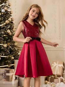 Abito elegante da ragazza con paillettes senza maniche, adatto per Natale, vestito da damigella per matrimonio, festa di compleanno, celebrazione festiva, esibizione - Rosso - Visualizzare 4