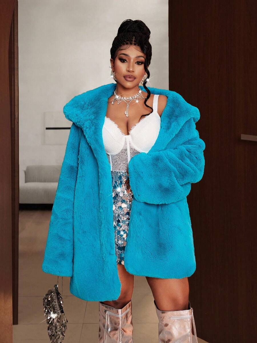 Maweii Áo khoác dáng rộng cổ vuông cổ lông giả cỡ lớn cho nữ, màu xanh dương, dài vừa, thích hợp mặc đi làm, dự tiệc, ở nhà, thường ngày, mùa đông - Màu xanh ngọc - Xem 1