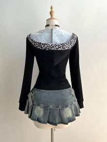 Elamini 1 件女式黑色豹纹拼布连帽修身二合一前拉链长袖休闲街头夹克，秋冬 - 黑色 - 查看 2