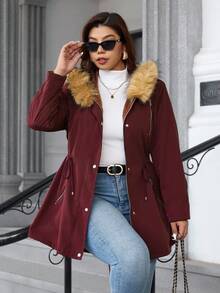 SHEIN Clasi Curve 大码女式日常休闲酒红色拉链连帽抽绳收腰长袖防风外套，带口袋、加热毛领和加热毛绒内衬，加厚保暖内衬提供额外保暖防风，温暖防寒，2025 新款，舒适保暖，大码女式长袖口袋休闲外套，适合秋季、冬季穿着，复古风格，适合外出穿着。 - 酒紅色 - 查看 9