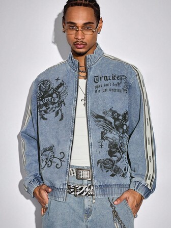 Street Life Men's Drop Shoulder Contrast Stripe Stand Collar Zipper Fashion Versatile Creative Rose Graphic Denim Jacket