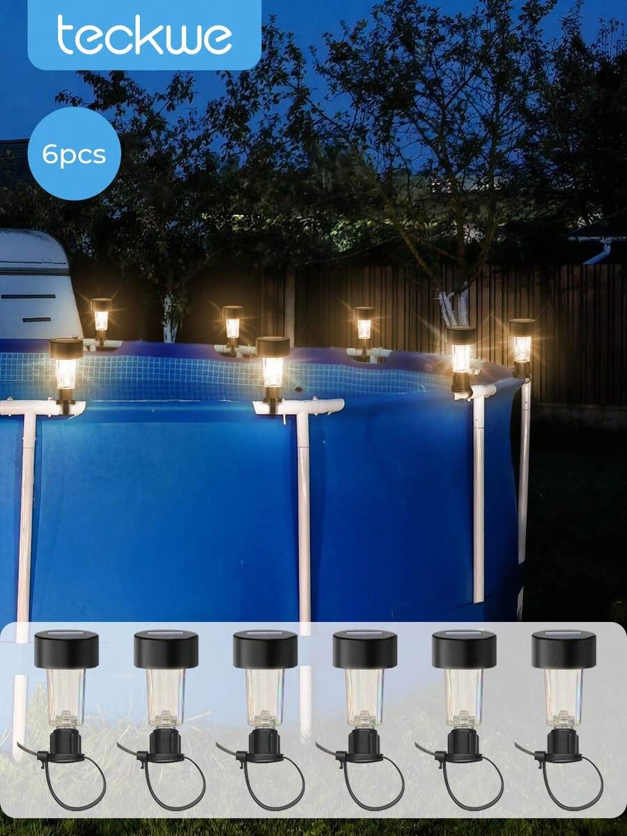 Teckwe 6 件户外太阳能泳池灯 LED 栅栏灯 防水灯 黄昏/黎明自动开关 适用于泳池栅栏、花园、门廊、过道、家居装饰 - 黑色 - 查看 1