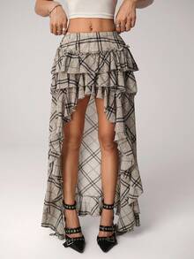 SHEIN ICON Women's Retro Plaid Asymmetrical Hem Pleated A-Line Skirt, Suitable For Back To School, Campus Party, Gathering