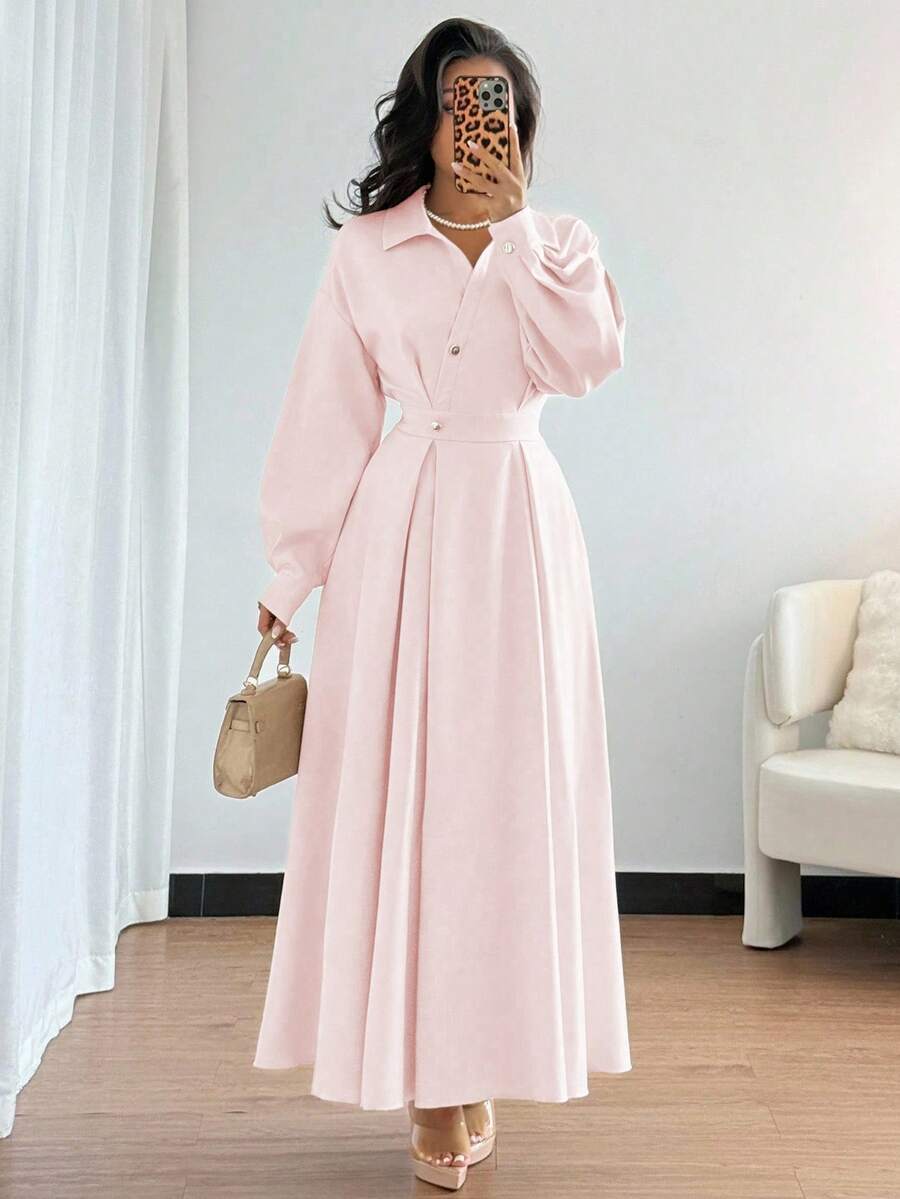 Rafferiza Women's Turndown Collar Drop Shoulder Long Sleeve Waist Gathered A-Line Dress, Suitable For Outings, Vacations, Holidays, And Travels Long Sleeve Elegant Dress Dress Modest - Pink - View 1