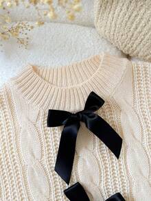 SHEIN Tween Girls' Casual Elegant Knitted Colorblock Bow Turtleneck Sweater, Versatile & Cute For Everyday Wear, Autumn/Winter Fall - Khaki - View 11