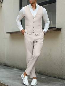 Calvornis Men Business Formal Button Front Vest Suit Blazer And Tailored Pants And Men Vest Suit Clothing 2 Pieces Set For Ceremony - Khaki - View 6