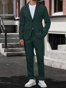 Manfinity Mode 2件套男士翻领长袖西装外套和裤子休闲商务套装