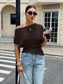 Siren Gaze Nuevo top de punto de hombro oblicuo de unicolor, suéter marrón