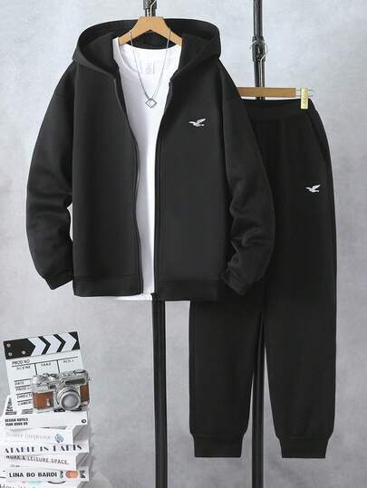 2 件套休闲部分图案连帽衫和宽松抽绳裤套装，适合青少年男孩，适合街头服饰和运动