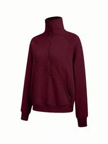SHEIN Cottnline Women's Solid Color Raglan Sleeve Casual Loose Half-Zip Sweatshirt - Burgundy - View 4
