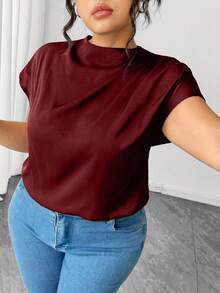 SHEIN LUNE Áo sơ mi vải poplin đen trơn thanh lịch cỡ lớn dành cho nữ, mùa xuân/hè - Màu Đỏ Sâu - Xem 5