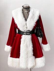 Sunspun Plus Size Women's Christmas Red Korean Fleece Long Sleeve Dress