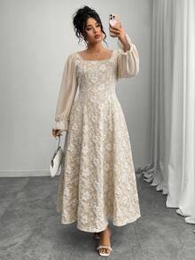 Elenzga Váy chữ A dài tay bằng vải chiffon jacquard thanh lịch dành cho nữ cỡ lớn đầu thu - Màu be - Xem 4