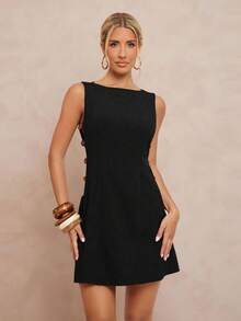Lumalex Vestido mini de línea A con escote de barco sin mangas y cintura calada con cuentas para mujeres - Negro - Ver 7