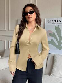 SHEIN EZwear 女式杏色前扣长袖抽绳休闲衬衫，秋季 - 杏色 - 查看 3