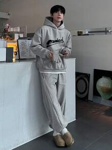 DAZY Men's Letter Print Thermal Lined Hoodie & Sweatpants Set, Elastic Waist, Autumn/Winter