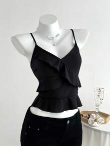Elamini Blusa Sin Mangas De Mujer Con Dobladillo De Volantes Y Color Sólido