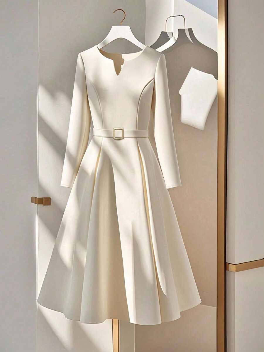 INAWLY 优雅度假束腰金属扣腰带连衣裙，休闲女式长袖连衣裙 - 米色 - 查看 1