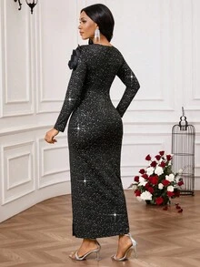 SHEIN Lady 女式开衩下摆修身长袖连衣裙 - 黑色 - 查看 2