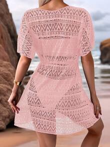 Swim Lushoire Women Solid Color Short Sleeve Cover Up, Fashionable For Summer - Dusty Pink - View 2