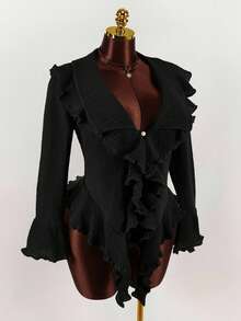 Áo khoác cardigan tay loe bèo nhún thời trang thu đông gợi cảm và ngọt ngào cho nữ cỡ lớn - màu đen - Xem 6