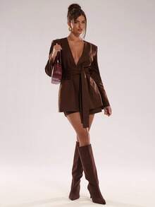 SHEIN BAE Women's Solid Color Regular Shoulder Long Sleeve Crossed Wrap Fashion Blazer,Fall Clothes For Women,Autumn Clothing For Women ,Winter Clothes For Women, Halloween,Christmas,New Year,Brown Suit With Shorts, Casual, Commuting, Brown Two Piece Set Women