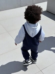 SHEIN 2pcs/Set Baby Boys Navy Blue Autumn Casual Page Boy Back-To-School Outfit,Letter "A" Print Button Sweatshirt Jacket & Colorblock Pants Tracksuit Set - Royal Blue - View 14