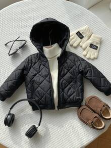 Chaqueta con capucha con cremallera, forro térmico, bolsillos laterales con cremallera, patrón de cuadros de diamante, para bebés niños y niñas, casual, versátil, suave y cómoda, adecuada para jugar en la nieve - Negro - Ver 8