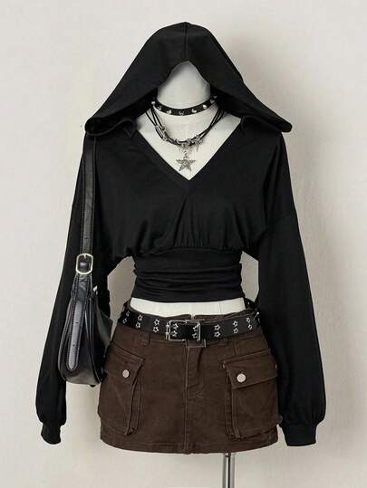 EgrlEra Women's Solid Color V-Neck Cinched Waist Batwing Long Sleeve Sexy Hooded Sweatshirt