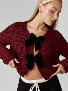 MISSGUIDED Suéter de punto grueso con abertura frontal y detalle de lazo para mujer, de manga larga, acogedor y con costillas, de moda para invierno y otoño, ideal para Navidad - Burdeos - Ver 4