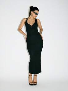 Sleek Maxi Dress Bodycon Cut Out Back Design High Neck Tank Long Gown Evening Party Club Night Out Fitted Dress - Black - View 4