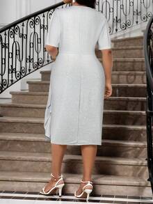 Fleurora Frühlings- und Sommer-elegantes, goldenes, elegantes, retro-artiges Arbeits-, Hochzeits-Empfangs-, Valentinstags-, Neujahrs-Party-Kleid mit tiefem V-Ausschnitt, Rüschen, Strass, schmalem Schnitt und in Große Größen, Abendkleid für Große Größen