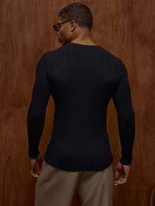 Musero Long Sleeve Muscle Fit Ribbed Button Placket Top SPRING SUMMER Basics Layering - Black - View 4