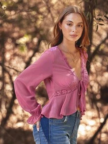 Blusa de manga larga con cuello en V, encaje y lazo delantero, de gasa, para otoño e invierno - Rojo violeta - Ver 5
