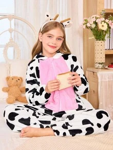 可爱卡通动物睡衣，适合青少年女孩，舒适的奶牛主题家居服连体裤 - 彩色 - 查看 4