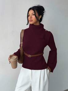 Selianne Khaki Elegant Flared Sleeve Niche Design Collar, Paired With Brown Metal Fashionable Belt, Women Sweater For Autumn/Winter - Burgundy - View 3