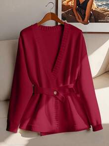 GlowEve CURVE Plus Size Women Elegant French Style Knit Cardigan With Belt Design - Burgundy - View 4