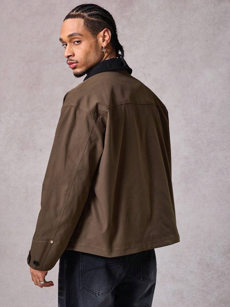 Men's Autumn Metal Claw Buckle Patchwork Collar Brown Jacket And Coat