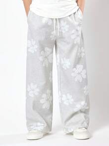 Quần nỉ ống rộng in hoa SUMWON, quần jogger cạp chun có dây rút, quần thoải mái cho sinh hoạt hàng ngày, trang phục thể thao cho giới trẻ, trang phục thường ngày cho mùa thu đông. - Màu Xám nhạt - Xem 4