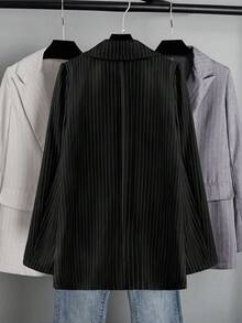 EMERY ROSE Blazer feminino plus size listrado casual manga comprida gola entalhada - Preto - Ver 2