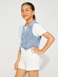 Radiana Tween Girls' Casual Sleeveless Denim Vest Jacket With Star Pattern Sequin Decoration For Spring Summer Beach Vacation Outfits - Medium Wash - View 6