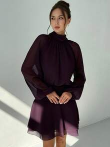 Aloruh Mock Neck Raglan Sleeve Dress Purple - Purple - View 2