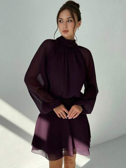 Aloruh Mock Neck Raglan Sleeve Dress Purple